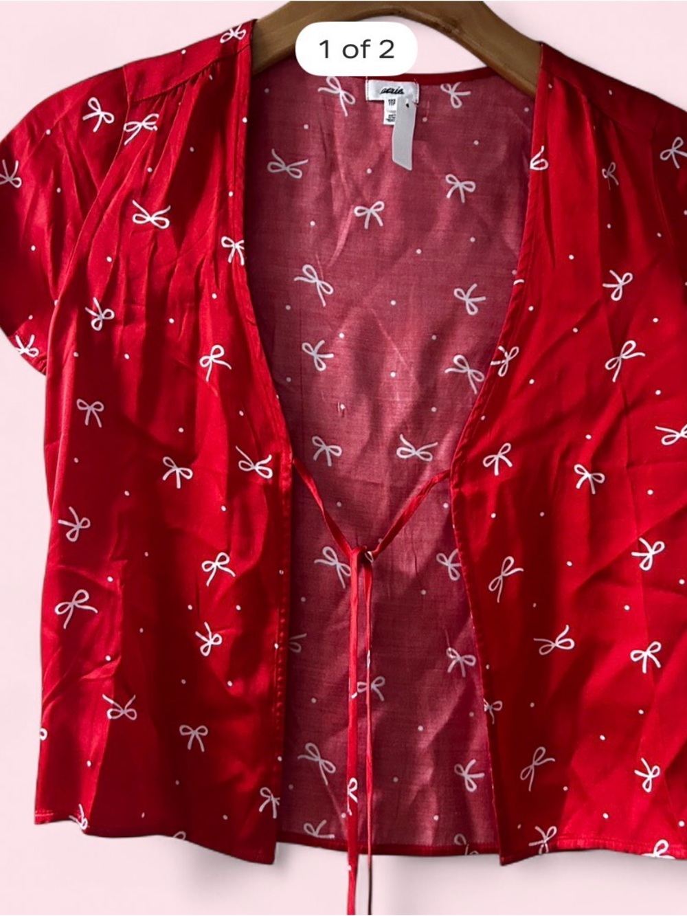 aerie Red Bow-Print Tie-Front Loungewear Top NWT
